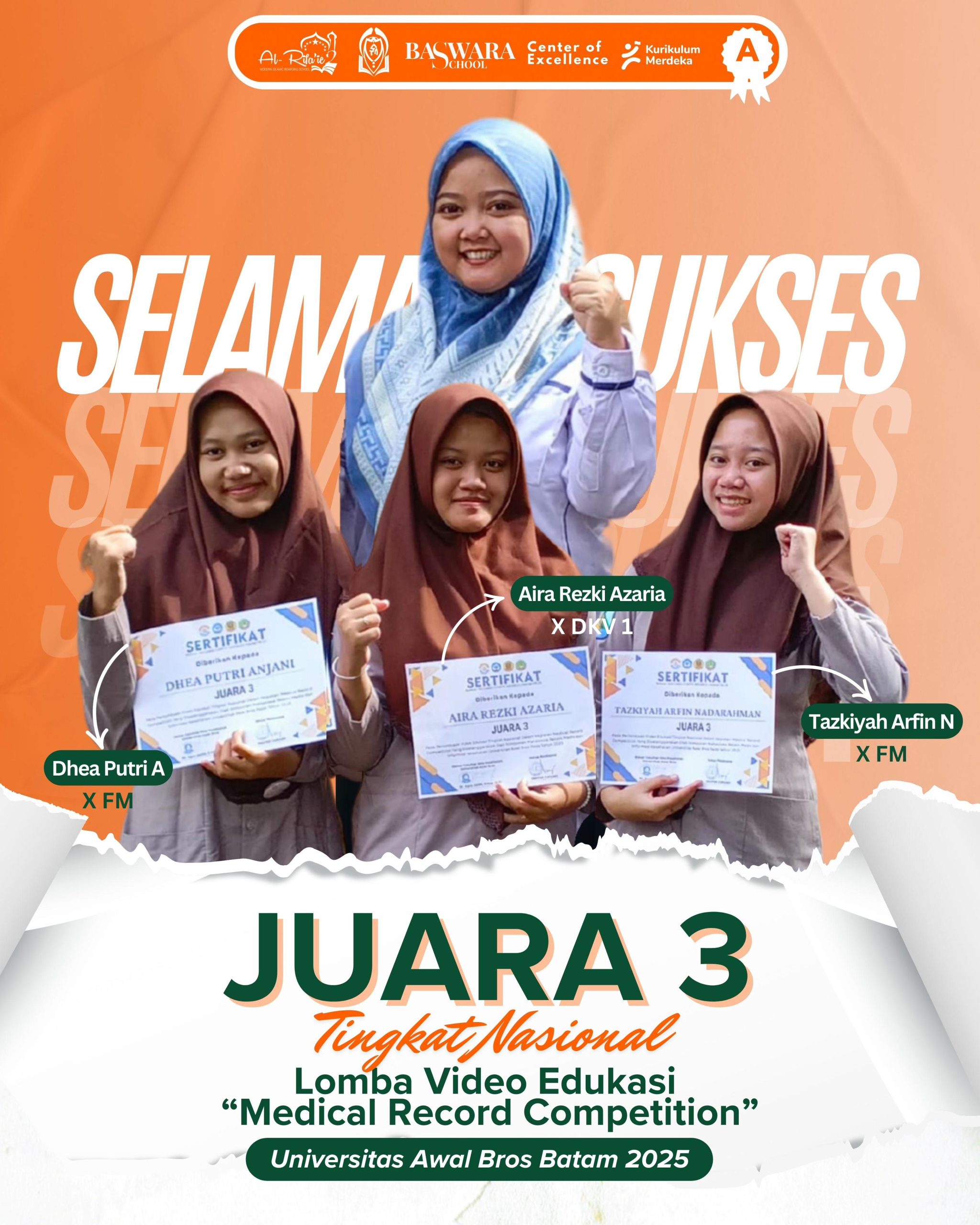 Kreativitas Nasional! Siswi SMK Modern Al-Rifa'ie Raih Juara 3 Lomba Video Edukasi di Medical Record Competition Universitas Awal Bros Batam!